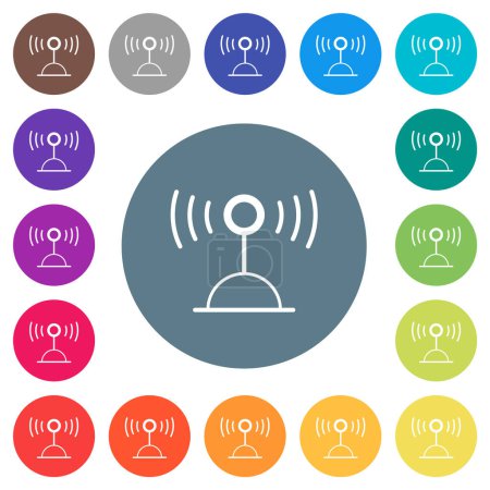 Radio transmitter outline flat white icons on round color backgrounds. 17 background color variations are included.