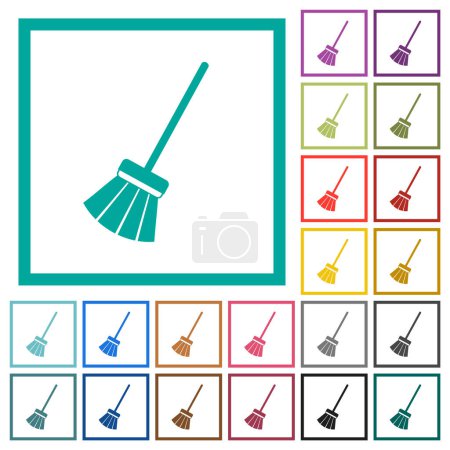 Illustration for Old broom flat color icons with quadrant frames on white background - Royalty Free Image