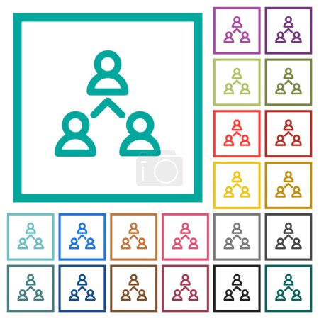 Networking business group outline flat color icons with quadrant frames on white background