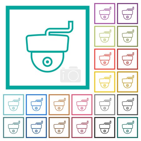 Surveillance camera outline flat color icons with quadrant frames on white background