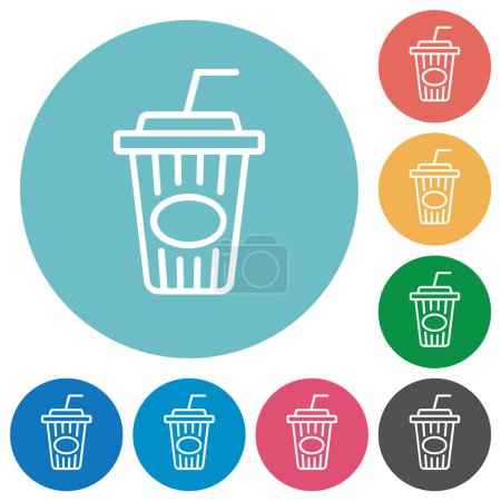 Disposable cup with straw outline flat white icons on round color backgrounds
