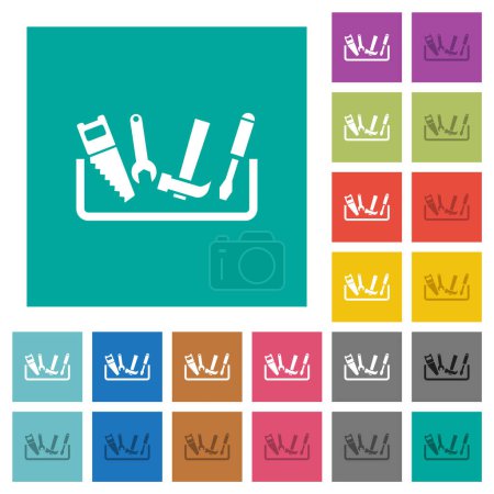 Toolbox multi colored flat icons on plain square backgrounds. Included white and darker icon variations for hover or active effects.