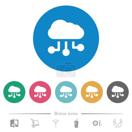 Téléchargez les illustrations : Les connexions Cloud solide icônes blanches plates sur des fonds ronds de couleur. 6 icônes bonus incluses. - en licence libre de droit
