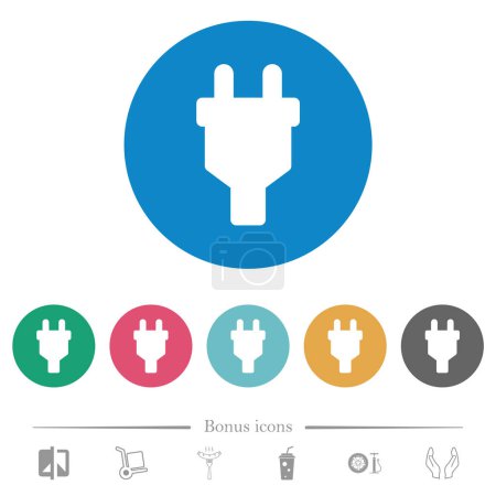 Power connector plug solid flat white icons on round color backgrounds. 6 bonus icons included.