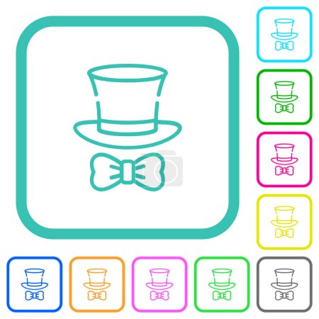 Top hat and bow tie outline vivid colored flat icons in curved borders on white background