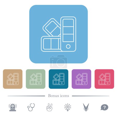 Color palette outline white flat icons on color rounded square backgrounds. 6 bonus icons included