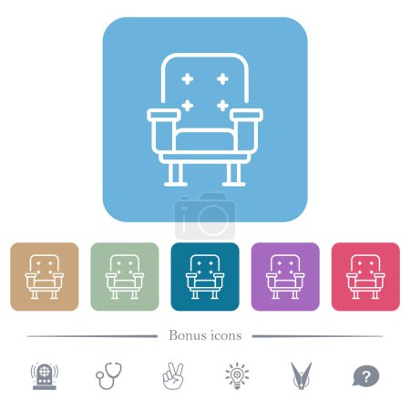 Retro-Sessel Frontansicht umreißen weiße flache Symbole auf farbig abgerundeten quadratischen Hintergründen. 6 Bonussymbole enthalten