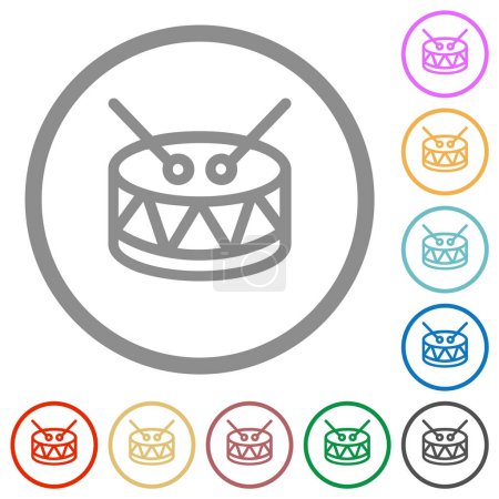 Drum outline flat color icons in round outlines on white background