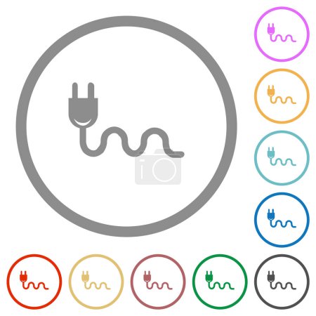 Socket plug and cable solid flat color icons in round outlines on white background
