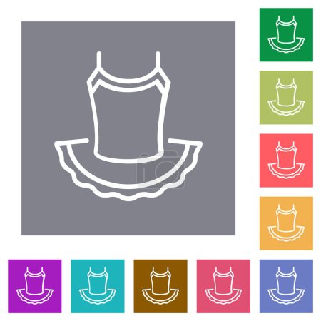 Ballet dress outline flat icons on simple color square backgrounds
