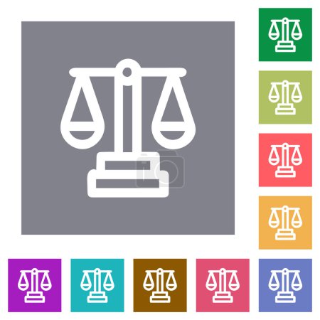 Téléchargez les illustrations : Échelle de justice contour des icônes plates sur des fonds carrés de couleur simple - en licence libre de droit