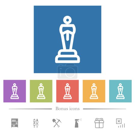 Oscar estatua de premio esbozar iconos blancos planos en fondos cuadrados. 6 iconos de bonificación incluidos.