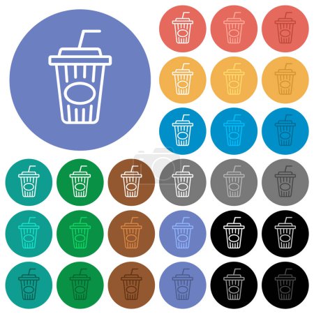 Disposable cup with straw outline multi colored flat icons on round backgrounds. Included white, light and dark icon variations for hover and active status effects, and bonus shades.