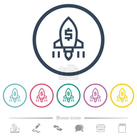 Téléchargez les illustrations : Business startup contour des icônes de couleur plates dans les contours ronds. 6 icônes bonus incluses. - en licence libre de droit