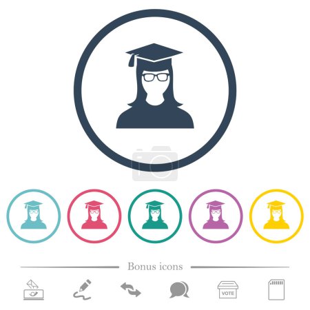Graduate female avatar flat color icons in round outlines. 6 bonus icons included.
