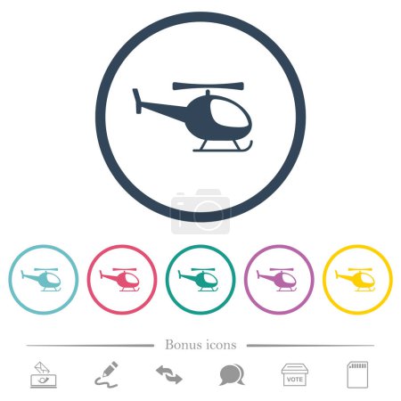 Helicopter silhouette flat color icons in round outlines. 6 bonus icons included.