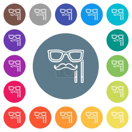 Man masquerade mask with stick outline flat white icons on round color backgrounds. 17 background color variations are included.