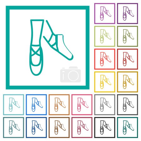 Ballet shoes outline flat color icons with quadrant frames on white background