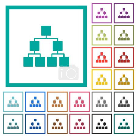 Organigramm nach unten einfarbige flache Symbole mit Quadrantenrahmen auf weißem Hintergrund
