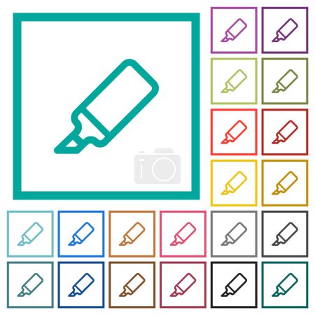 Marqueur de bureau contour des icônes de couleur plate avec cadres quadrants sur fond blanc