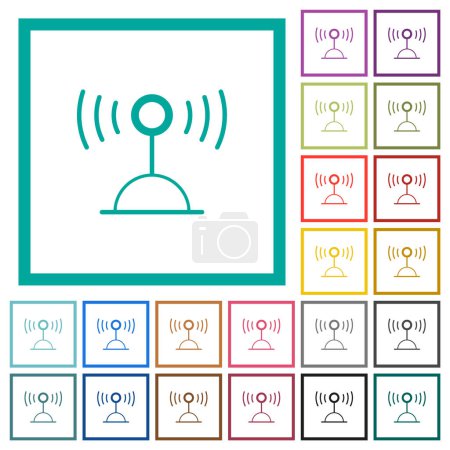 Radio transmitter outline flat color icons with quadrant frames on white background