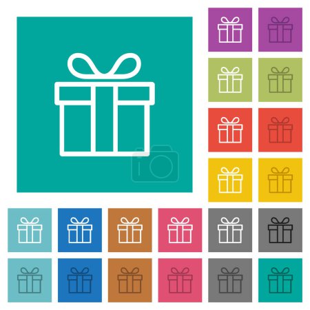 Gift box outline multi colored flat icons on plain square backgrounds. Included white and darker icon variations for hover or active effects.