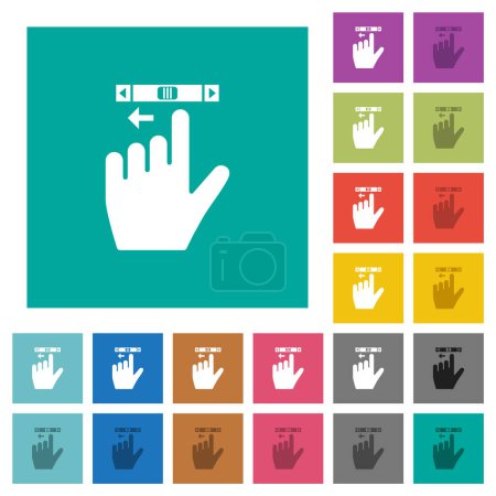 Left handed scroll left gesture multi colored flat icons on plain square backgrounds. Included white and darker icon variations for hover or active effects.