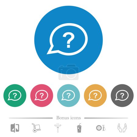 Ilustración de Oval ayuda a la burbuja de chat esbozar iconos blancos planos en fondos de color redondo. 6 iconos de bonificación incluidos. - Imagen libre de derechos