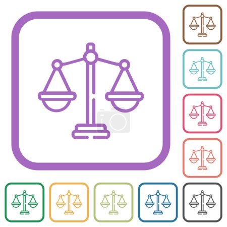 Escalas de justicia esbozan iconos simples en marcos cuadrados redondeados en color sobre fondo blanco