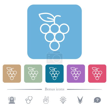 Bunch of grapes outline white flat icons on color rounded square backgrounds. 6 bonus icons included