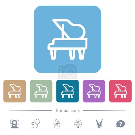 Grand piano outline white flat icons on color rounded square backgrounds. 6 bonus icons included