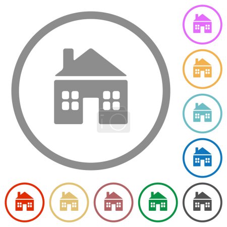 Cottage solid flat color icons in round outlines on white background