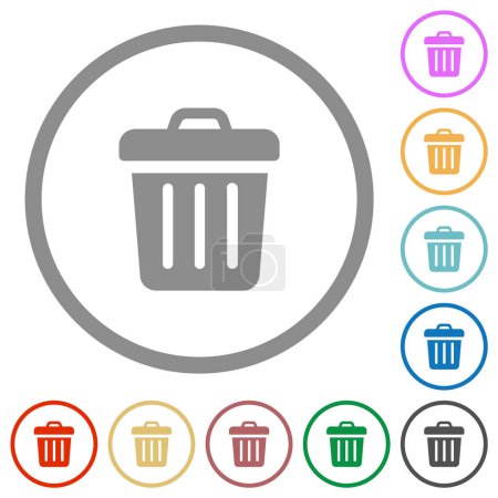 Trash solid flat color icons in round outlines on white background