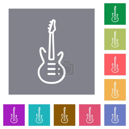 Téléchargez les illustrations : Guitare électrique contour des icônes plates sur fond carré de couleur simple - en licence libre de droit