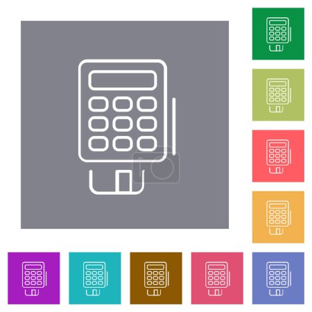 POS terminal outline flat icons on simple color square backgrounds