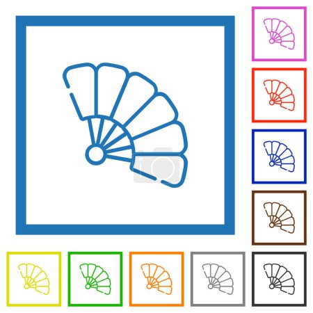 Folding hand fan outline flat color icons in square frames on white background