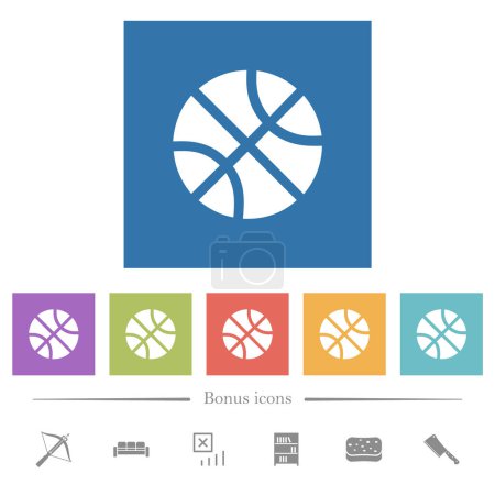 Iconos blancos planos sólidos de baloncesto en fondos cuadrados. 6 iconos de bonificación incluidos.