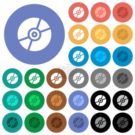 Ilustración de DVD disco sólido iconos planos multicolores sobre fondos redondos. Incluye variaciones de iconos blancos, claros y oscuros para efectos de flotación y estado activo, y tonos de bonificación. - Imagen libre de derechos