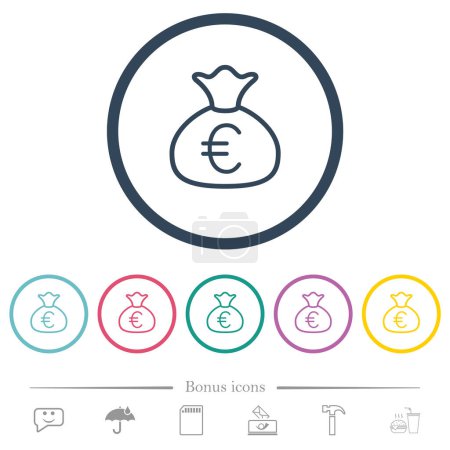 Money bag euro outline flat color icons in round outlines. 6 bonus icons included.