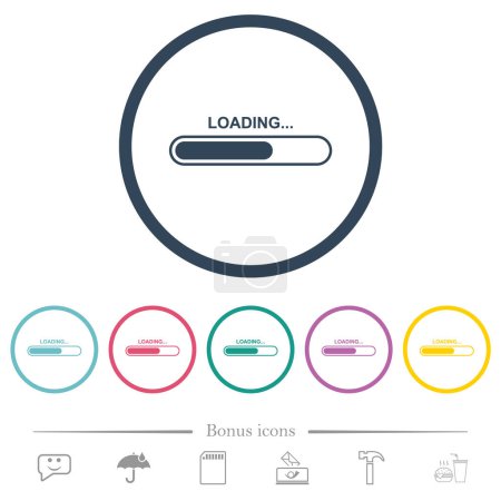 Loading progress bar flat color icons in round outlines. 6 bonus icons included.