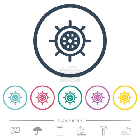 Ship steering wheel solid flat color icons in round outlines. 6 bonus icons included.