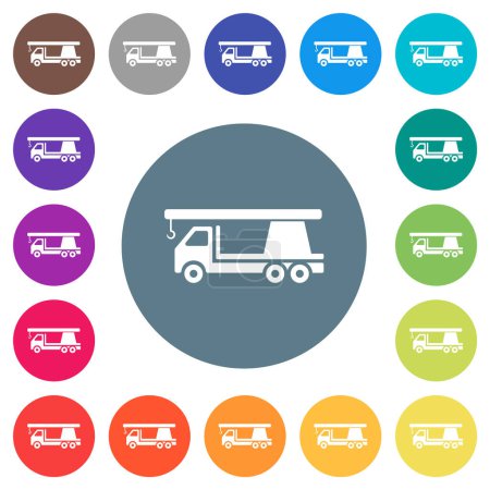 Crane truck flat white icons on round color backgrounds. 17 background color variations are included.
