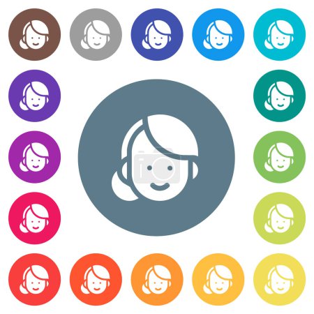 Girl avatar solid flat white icons on round color backgrounds. 17 background color variations are included.