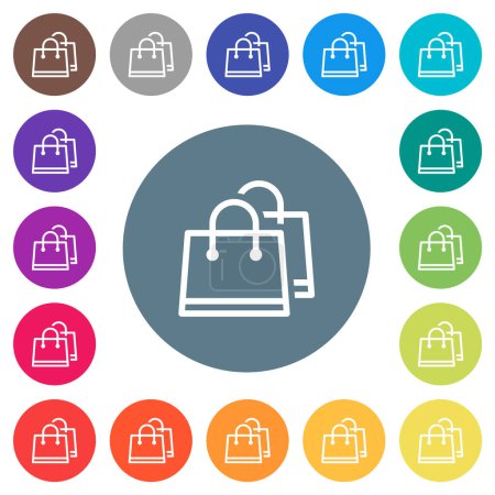 Two shopping bags outline flat white icons on round color backgrounds. 17 background color variations are included.