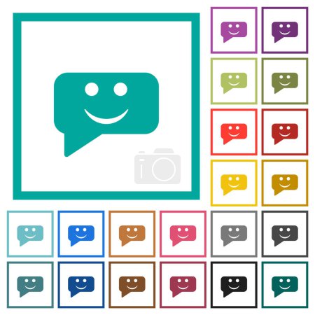 Cuadrado redondeado sonriente burbuja de chat iconos de color plano sólido con marcos de cuadrante sobre fondo blanco