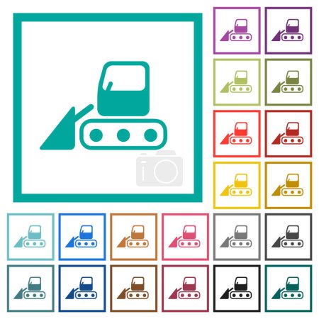 Téléchargez les illustrations : Pelle à neige tracteur couleurs plates icônes avec cadres quadrants sur fond blanc - en licence libre de droit