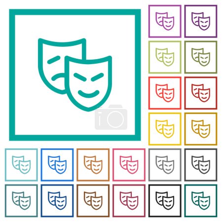 Ilustración de Máscaras teatrales esbozan iconos de color plano con marcos de cuadrante sobre fondo blanco - Imagen libre de derechos