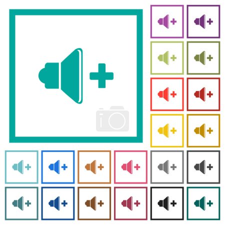 Lautstärke flache Farbsymbole mit Quadrantenrahmen auf weißem Hintergrund
