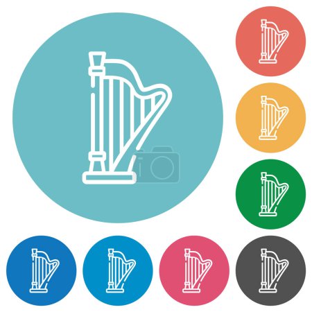 Harp outline flat white icons on round color backgrounds