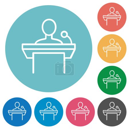 Illustration for Public speaking outline flat white icons on round color backgrounds - Royalty Free Image